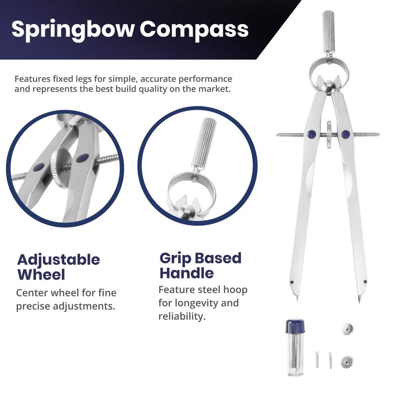 Pacific Arc Metal Professional Compass, Perfect Spring Bow Compass for Math, Geometry, or Drafting, Up to 8" Diameter Large, Comes with Lead and Lock - Image 2